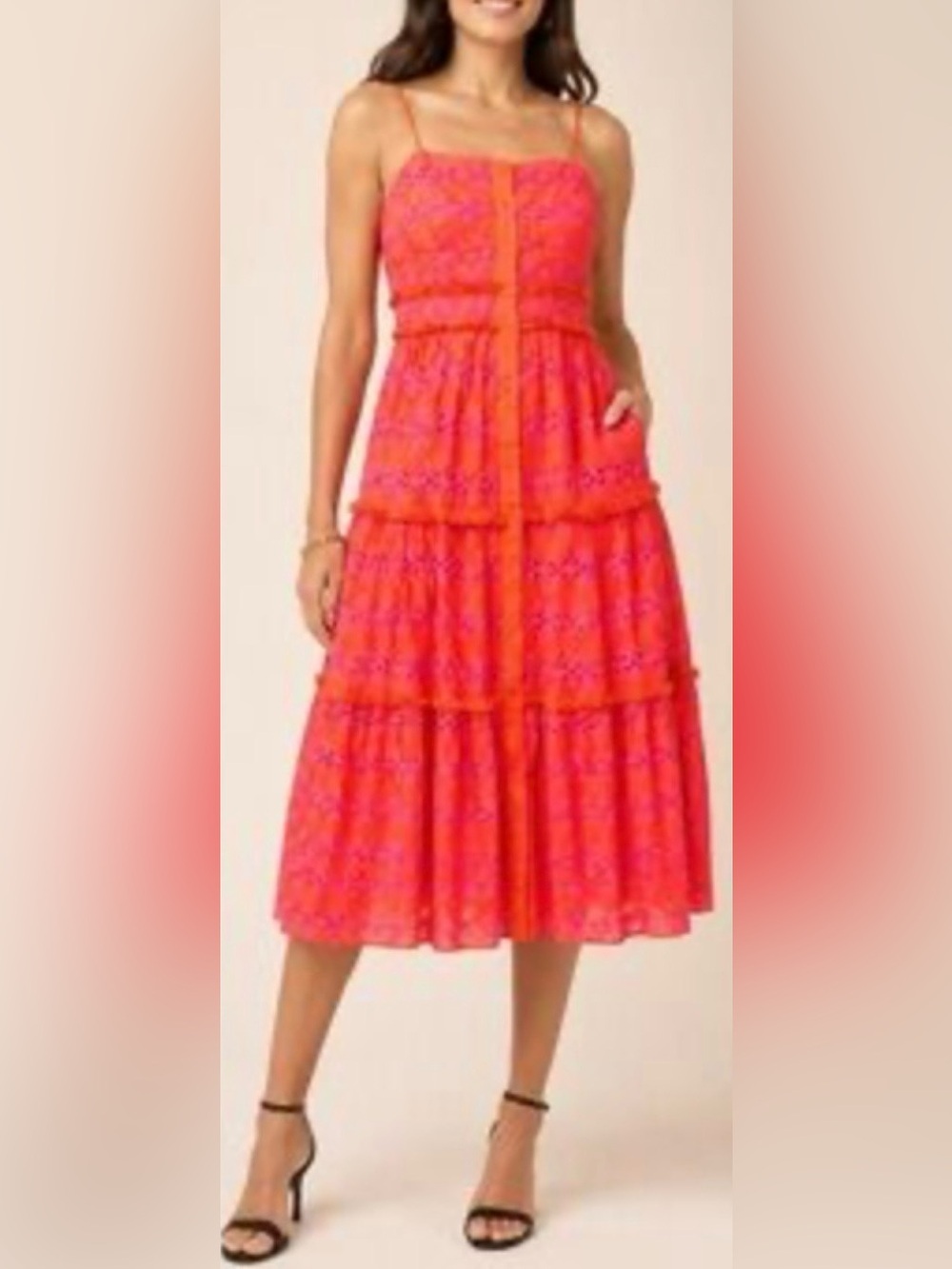 J. Crew Pink and Orange Eyelet Tiered Midi Sundress